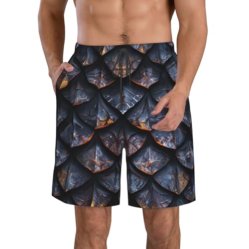 Men's Quick Dry Swim Shorts Dragon Scales Fantasy Style Dark Brown Black Beach Trunks with Pockets