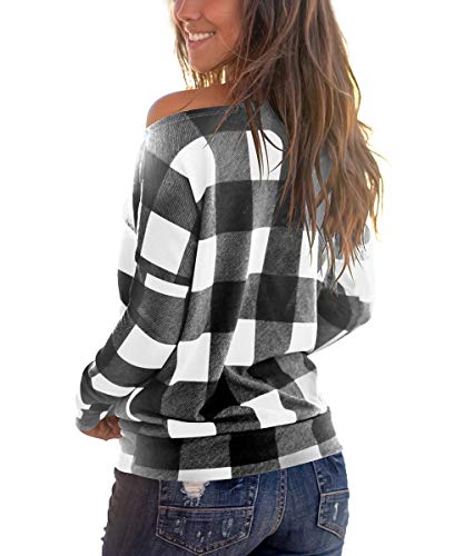Women Off Shoulder T Shirt Plaid Casual Blouse Top White M #TOP2