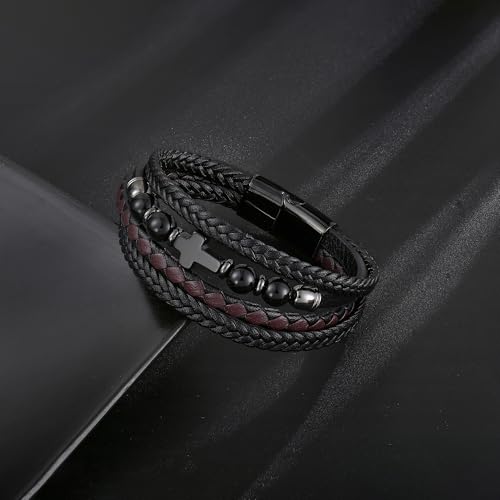 Men's Leather & Stone Cross Bracelet - Christian Religious Jewelry for Men (Lapis/Onyx/Turquoise/Tiger Eye), Braided Design with Alloy Clasp, 8.3" & 9.1" Sizes2