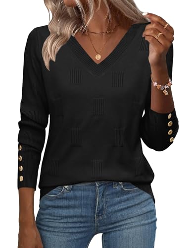 Zeagoo Women Lightweight Sweater V Neck Long Sleeve Work Shirt Business Sweaters Dressy Casual Fall Fashion Clothing with Button Black