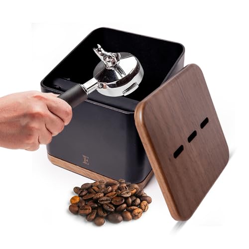 Encanto Luxe Espresso Knock Box with Lid – 1L Steel Coffee Knock Box Espresso with Walnut Non-Slip Base, Quiet Rubber Bar, Barista Essential for Home Coffee Station (Holds 20–25 Pucks), Black