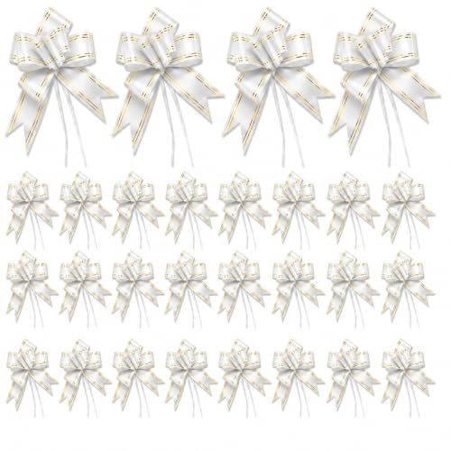 Image of Prokart - Pull Bow Gift Ribbon for Gift Wrapping, Large Decorative Pull Bows for Presents, Hampers, Flower Bouquets, Wedding, Birthday, Christmas & Party Decorations (15MM, White, Pack of 30PC)