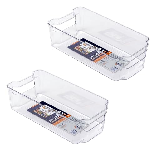 Image of Plastic Pantry Organizer Bins | Fridge Storage Boxes | Refrigerator Containers | Organiser for Pantry, Cabinet, Freezer | Containers for Food, Drinks & Snacks (Small, 32x15.5x9, Pack of 2)