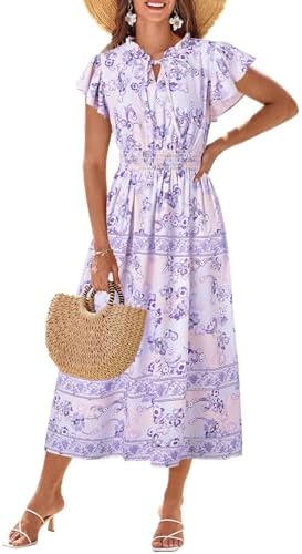 GRACE KARIN Women's Floral Boho Dress Hawaiian Dresse Short Sleeve V Neck Summer Beach Wedding Guest Swing Maxi Sundress