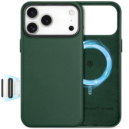 Image of SHIELDON Genuine Leather Case for iPhone 17 Pro Max 6.9 inch, Midnight Green | Compatible with MagSafe, Magnetic Wireless Charging, Camera Button, Metal Buttons, Camera Bezel, Slim, Shockproof, Women Men