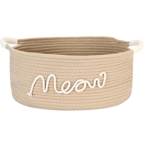 Sea Team Cat Toy Storage Basket with Handles 16.5 x 11 x 7 Inches 4.4 Gallons Large Cotton Rope Storage Bin Shelf Basket Organizer for Pet Chew Toys Foods Beige Meow