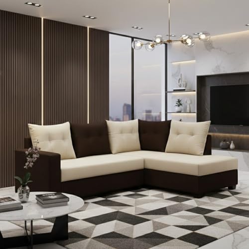 Image of SOCOZI Oriana 4 Seater RHS L Shape Sofa Set | Soft Velvet Suede Fabric | Modern Design | Plush Comfort Cushions for Living Room (Dark Brown-Cream)