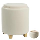 Zedelmaier Zylindrischer Cord Sitzhocker mit Stauraum rund, Sitzhocker mit Deckel, Schminkhocker, Fußhocker mit Aufbewahrungsbox, Polsterhocker mit Holzbeinen, Couchtisch, φ36x45cm Beige