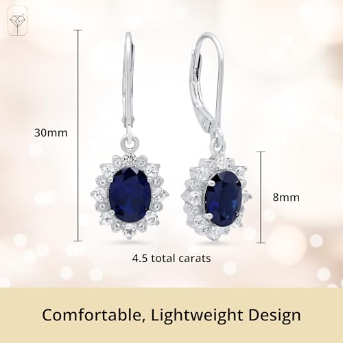 925 Sterling Silver Halo Sunburst Gemstone Oval Dangle Earrings for Women 8x6mm Birthstone with Leverback White Topaz Accent Stones by MAX + STONE4