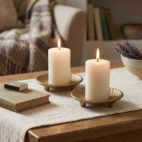 Set of 2 Hammered Cast Iron Pillar Candle Plates, Decorative Pedestal Stand