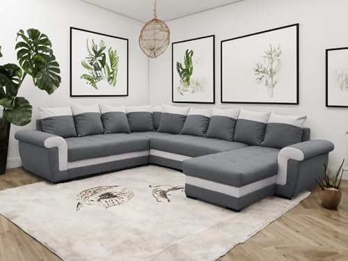 Tendencio LATTIA - canapé panoramique réversible Convertible avec Coffre - en Tissu et PU - 7 Places (Gris et Blanc)