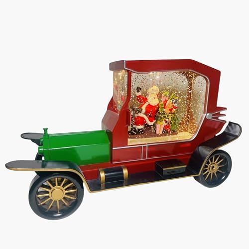 Christmas Musical Snow Globe, Veteran Car Santa Music Box with 8 Songs & Silent Mode, Battery Operated & USB Cable Powered, Glittering Warm Light Christmas Home Decoration and Gift