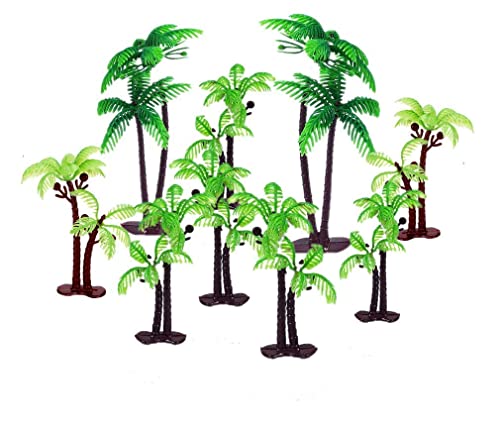 OBUY 12Pieces 3.15-inch and 5.5-inch Green Palm Tree Cake Topper Decorated with Coconut Cake Topper Cake Decoration or Model, Sand Table Decoration.