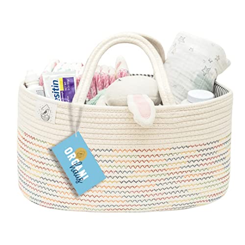 OrganiHaus Cesta Bebé para Pañales, Cambiador y Accesorios | Cesta Organizadora Bebé con Compartimentos y Asas | Cesta Almacenaje Bebe Ideal como Regalo Recién Nacido - Blanco con puntadas arco-íris