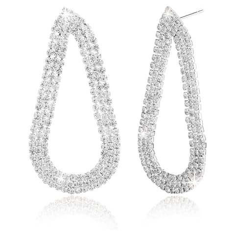 Silver Rhinestone Hoop Earrings for Women Dangling Teardrop Prom Dangle Statement CZ Earrings Jewelry for Party Wedding Cover