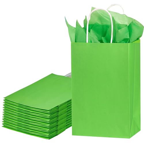 SUNCOLOR Green Gift Bags with Handles 24 Pack 8 Small Kraft Paper Party Favor Bags with Tissue Paper for Christmas St. Patricks Day Birthdays