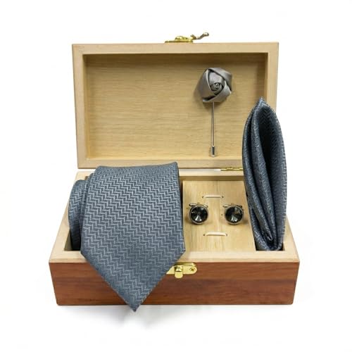 Image of Men's Necktie Gift Set with Wooden Box | Premium Tie, Pocket Square, Cufflinks & Lapel Pin | Elegant Formal Accessories Gift for Men