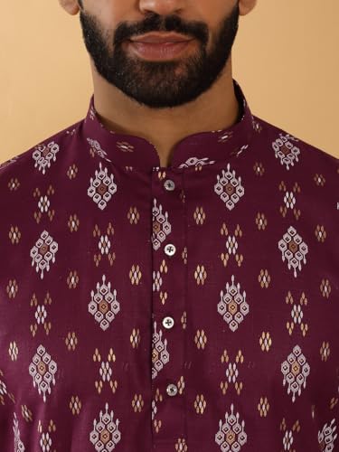Image of KRAFT INDIA Men's Cotton Blend Geometric Printed Straight Long Regular Kurta and Elastic Waistband Pyjama Set
