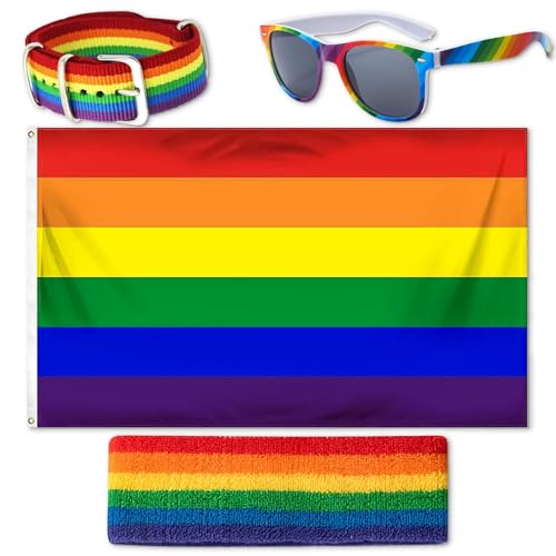 Progress Pride Flag Set, Pride Accessoires Lgbtq Outfit mit Regenbogen Flagge 150 x 90cm, Regenbogenfahne, Regenbogen Stirnband, Brille, Armband