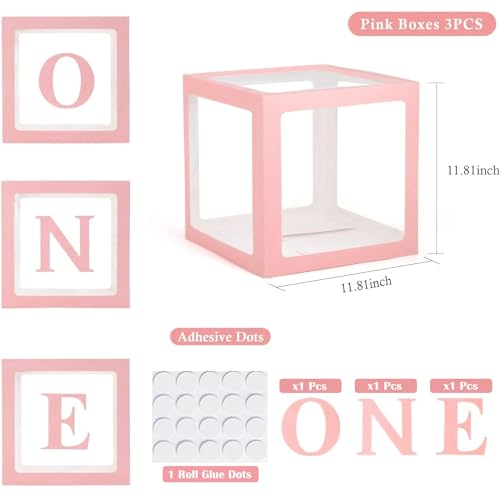 Image of Rozi Decoration Pink Number 1 Balloon Box Set of 3 | 11.8 inch First Birthday Decor Boxes for Baby Girl | 1st Birthday Party Supplies with Clear Window & Letter Cutout