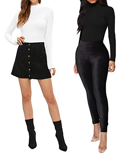 MANGOPOP Women's Mock Neck/Turtle Neck Long Sleeve Modal Bodysuit Jumpsuit (A02 Black, Medium)