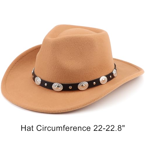 Image of DRESHOW Women Men Classic Felt Wide Brim Western Cowboy & Cowgirl Cap Belt Buckle Retro Panama Hat Unisex Rolled up Caps