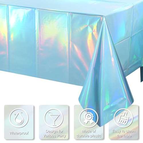 Image of 3 Pack Iridescent Light Blue Tablecloth for Parties, Pastel Blue Holographic Plastic Table Cover, Disposable Laser Baby Blue Table Cloth for Birthday Wedding Baby Shower Party Decorations, 54x108 Inch