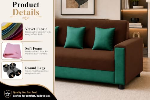 Image of Modern 3 Seater Sofa | Contemporary Upholstered Couch | Premium Cushioned Seating | Stylish Armrest Design | Comfortable Sofa for Living Room, Bedroom & Office - Brown + Green Color