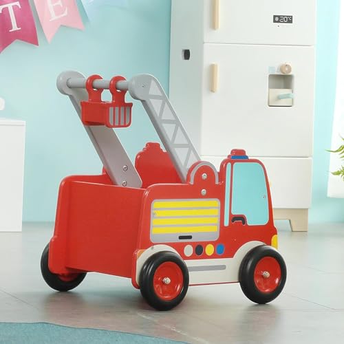 labebe-Rot-Feuerwehrauto-Lauflernwagen-Holz-Baby-Push-Pull-Lauflernhilfe-Spielzeug-mit-Radern-fur-Junge-ab-1-Jahre