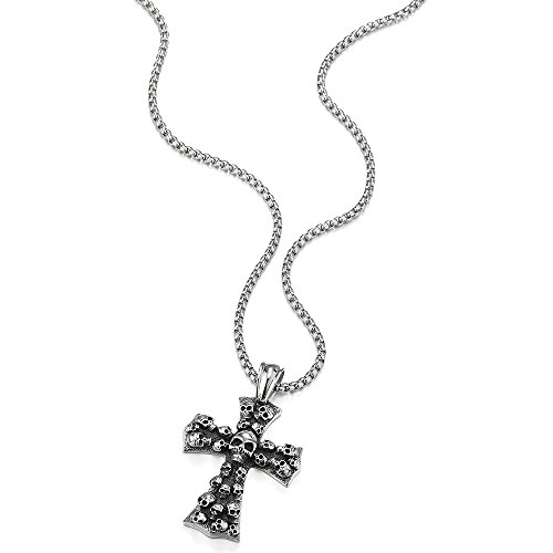 COOLSTEELANDBEYOND Mens Large Gothic Vintage Skulls Cross Pendant Necklace of Steel, Wheat Chain3