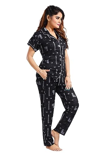Image of Women's Cotton Heart Printed Night Suit Set of Shirt and Pyjama