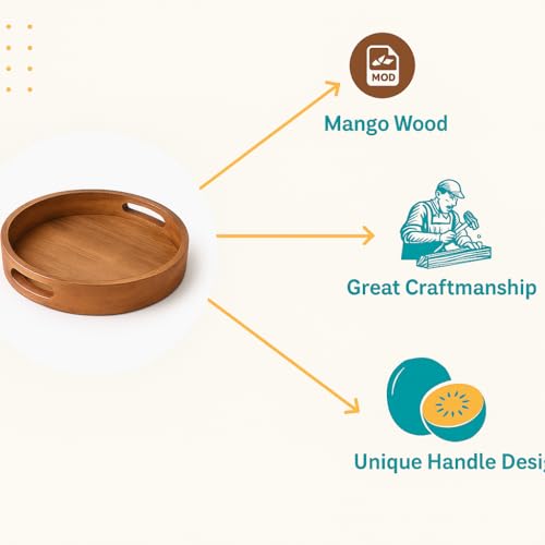 Image of Craft Expertise Round Wooden Serving Tray - 11x11 Inches, Decorative Rustic Brown Mango Wood Platter with Handles - Handmade Home Decor Tray for Coffee Table, Kitchen (Pack-1)