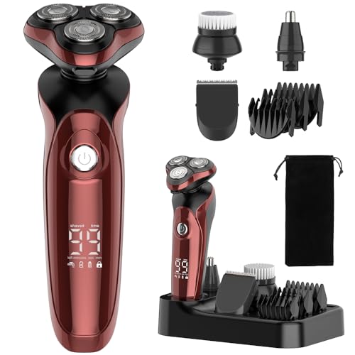 Snapbuy Electric Razor for Men, 5-in-1 Electric Shaver Cordless Rechargeable Men’s Razor Waterproof Rotary Shaver with Charge Station Nose Sideburns Trimmer Cleaning Brush Gift for Men