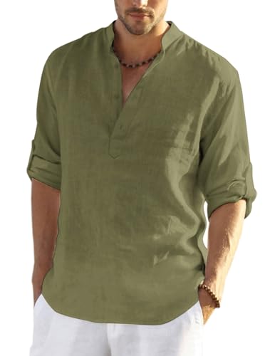 COOFANDY Men's Cotton Linen Henley Shirt Long Sleeve Hippie Casual Beach T Shirts Army Green