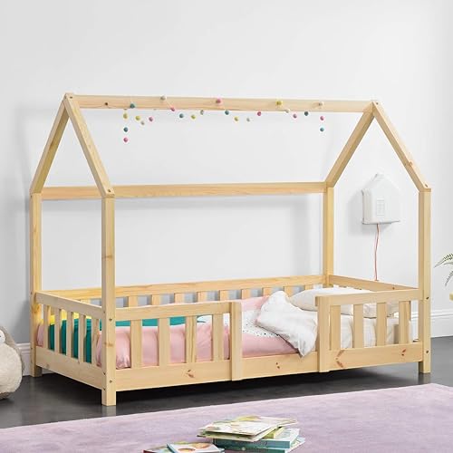 [en.casa] Children's bed Sisimiut House bed 70 x 140 cm with fall-out protection Slatted frame Pine Wood look
