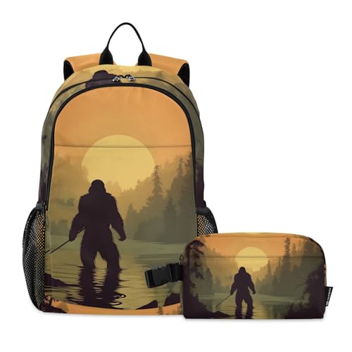 Sasquatch Fishing Sunset Backpack Book Bag Daypack Shoulder Bag Lightweight Back Pack with Lunch Box Travel Laptop Daypack 18.5 x 11.8 In