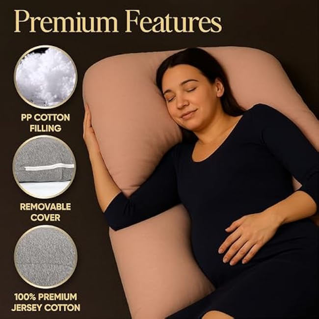U-Shaped Pregnancy Pillow ¨C 100% Cotton Cover, Full Body Maternity Support for Belly, Back and Legs ¨C Bonus Eye Mask and Gift Box (Dark Grey)