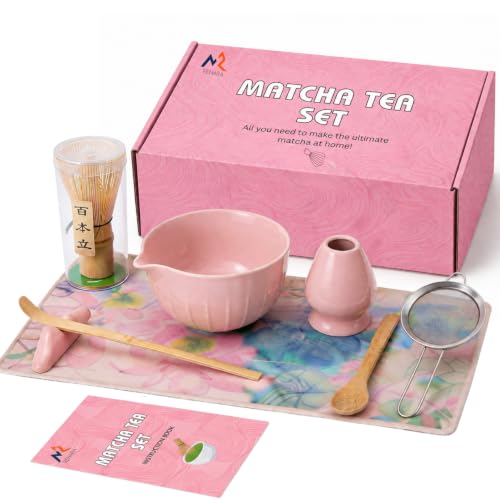 Pink Matcha Whisk Set 9 Pcs | 19oz Ceramic Matcha Bowl with Bamboo Whisk & Holder Sifter Chashaku Scoop Wooden Spoon Scoop Rest Tea Towel & Gift Box | Complete Matcha Set Kit for Matcha Lovers