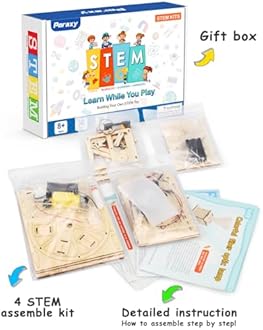 Poraxy 4 In 1 Stem Kits,Wooden Construction Science Kits,Stem Projects Ages 8-12,3D Puzzles,Diy Educational Craft Building Toys,Christmas Birthday Gifts For Girls And Boys 8 9 10 11 12 Year Old