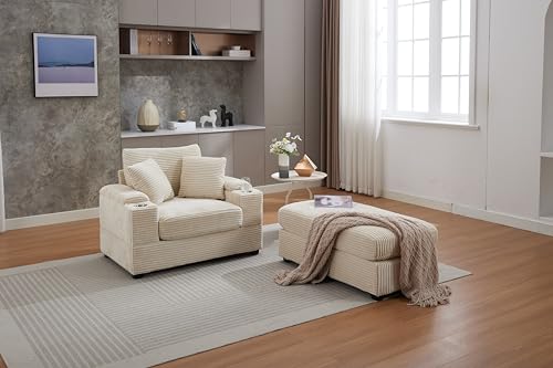 Image of 50 inch Corduroy Upholstered Chaise Lounge Chair Indoor, Modern Lazy Sofa with Storage Armrest, Sleeper Couch with Cup Holders for Living Room, Beige