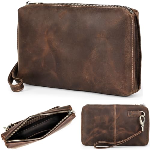 Image of Top Grain Genuine Leather Clutch Wallet with Wristlet for Man & Woman, Handmade Simple Retro Vintage Design, Multi Pockets & Card Slots, RFID Large Capacity for Cards /ID /Checks /Banknote /Phone, Coffee