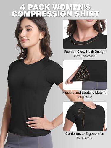 CL convallaria 4 Pack Women's Compression Shirt Cool Dry Short Sleeve Workout Tops Athletic Baselayer for Yoga Gym Running3
