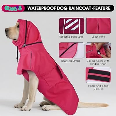 Dog Raincoats for Large Dogs with Hood, Waterproof Dog Rain Coat with Leash Hole, Reflect Strips, Ideal for Rain, Snow, Windy Weather & Outdoor Walks, Camping, Hiking - Pink L