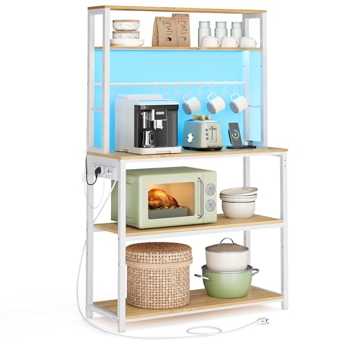 VASAGLE Estantería de Cocina con LED, para Microondas con Regleta, Estantes Ajustables, 8 Ganchos, 40 x 80 x 168,4 cm, Roble Dorado y Blanco Mate KKS050YA01