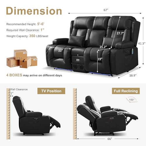 Image of URRED Power Loveseat Recliner Sofa with Massage and Heat, Wall Hugger Reclining Loveseat with Console, RV Couch Home Theater Seating with LED Lights for Living Room (Black, 67 inch - 2 Seats)
