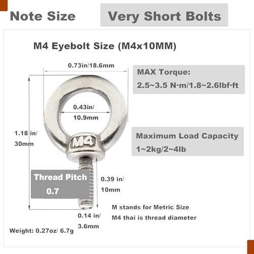 Image of Stainless M4 Eyebolt 0.39 inch(10mm) Short Bolt Eye Threaded Ring Lifting Shoulder Screw Hook with Nut Washer Locking as Anchor Point for Hanging,10 PCS