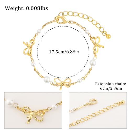 Gold Bow Knot Link Bracelet for Women with Pearl Cute 14K Gold Plated Bowknot Bracelet Elegant Bow Charm Bracelet Dainty Bow Tie Ribbon Bracelet Summer Party Trendy Jewelry Gift for Women2