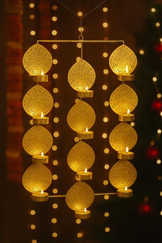 Image of CraftVatika Tealight Candle Holder,Festiv Diwali Decor Items, Wall Mounted Hanging Iron Leaf Design Tealight Candle Holder Stand Frame for Home Christmas Diwali Decoration Items, Wall Decor Items