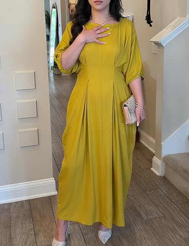 oshoplive Women's Vintage Linen Midi Dress 2025 Puff Sleeves Crew Neck Empire Waist Casual Dresses with Pockets3