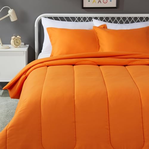 Amazon Basics 3-Piece Soft All-Season Microfiber Kids Comforter and Pillow Sham Set Full/Queen Bright Orange Solid